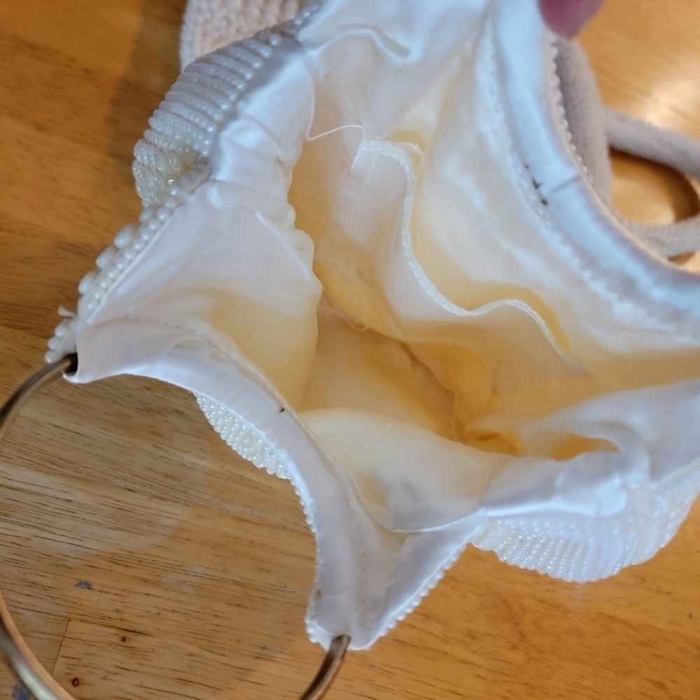 Vintage 60's Beaded Purse Evening Bag Clutch White Off-White Satin Interior - Picture 2 of 7